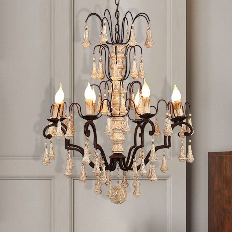 Lampadario retrò in legno e ferro 8 luci E12/E14 73x93 cm