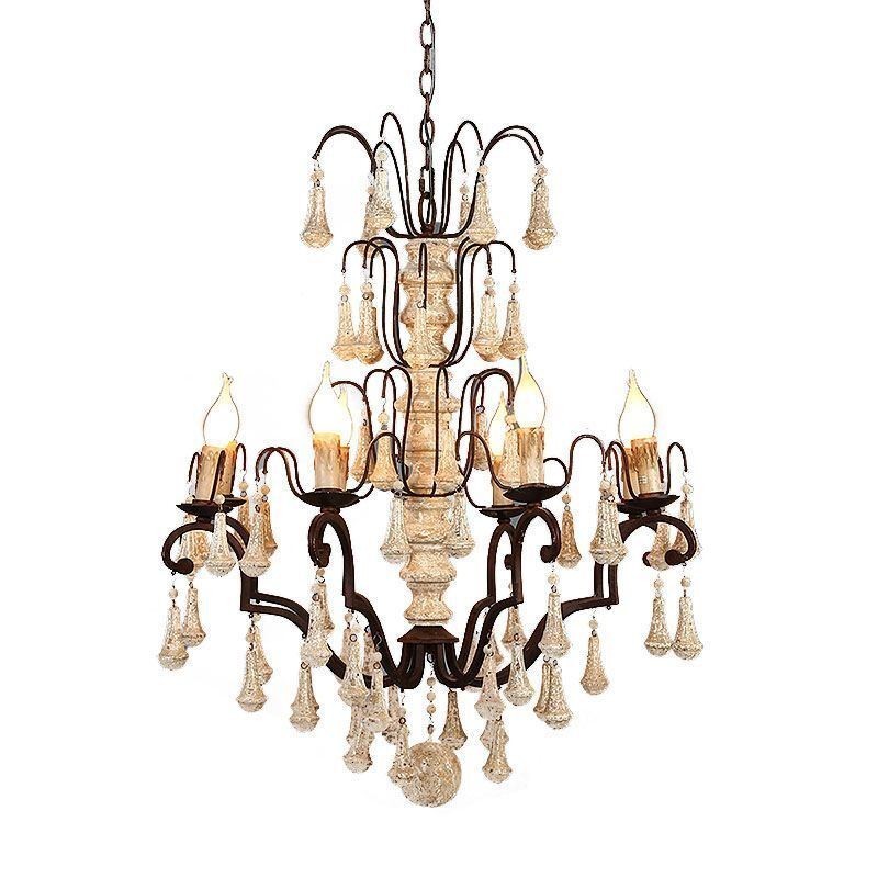 Lampadario retrò in legno e ferro 8 luci E12/E14 73x93 cm