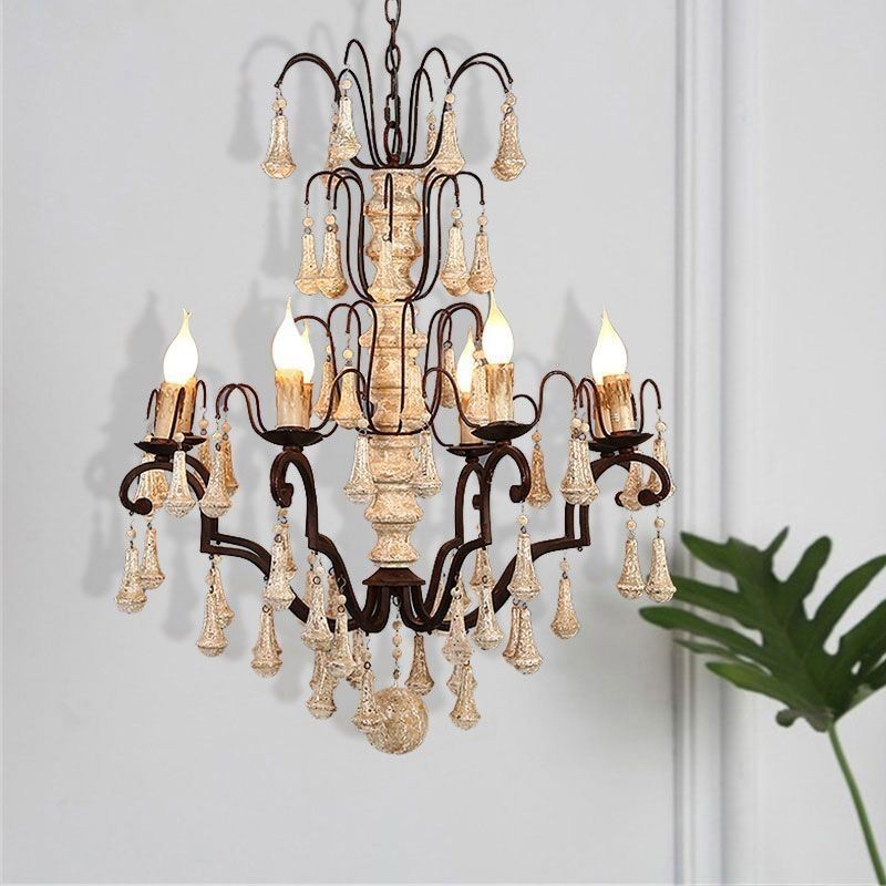 Lampadario retrò in legno e ferro 8 luci E12/E14 73x93 cm