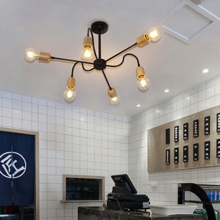 Lampadario a sospensione moderno a forma di ragno in ferro e legno, 6/8 luci