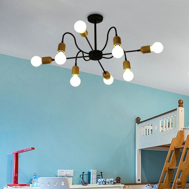 Lampadario a sospensione moderno a forma di ragno in ferro e legno, 6/8 luci