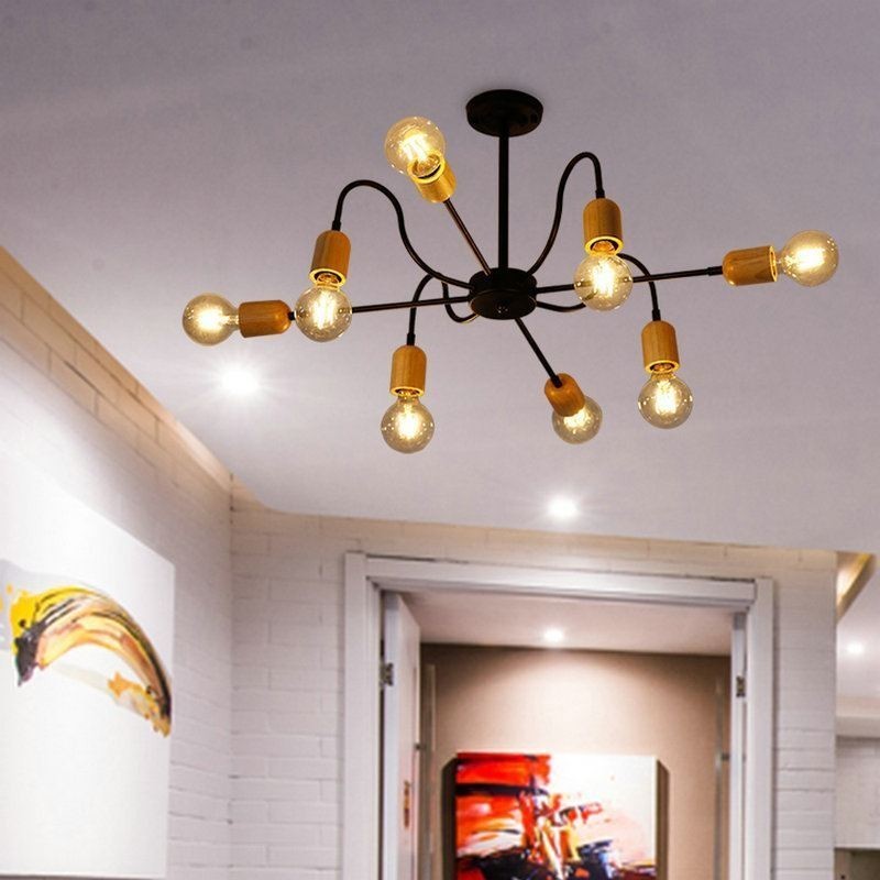 Lampadario a sospensione moderno a forma di ragno in ferro e legno, 6/8 luci