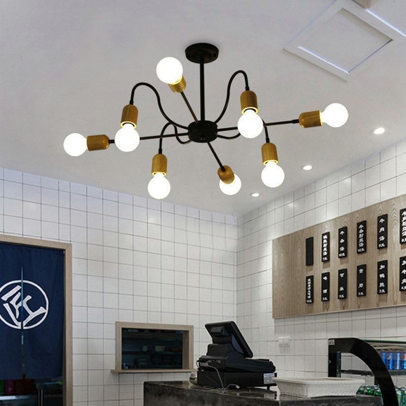 Lampadario a sospensione moderno a forma di ragno in ferro e legno, 6/8 luci