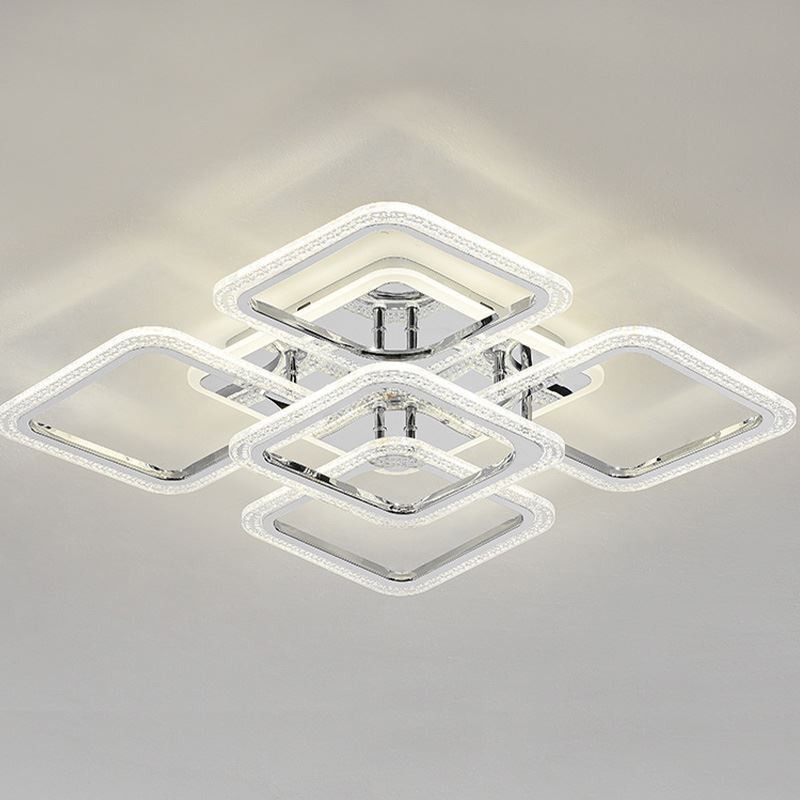 Plafoniera quadrata LED in acrilico cromato da montaggio a filo, 5 luci