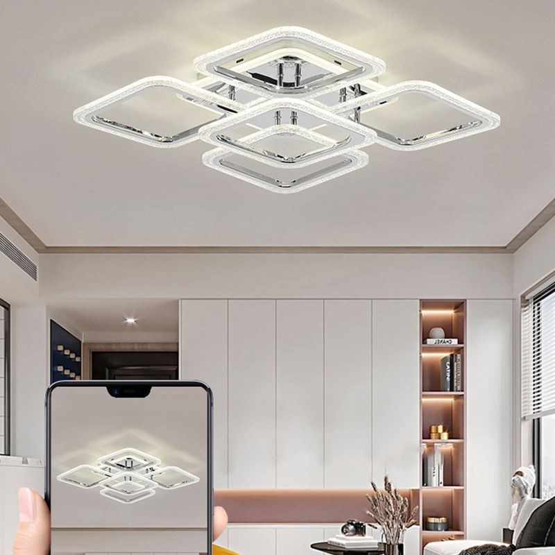 Plafoniera quadrata LED in acrilico cromato da montaggio a filo, 5 luci