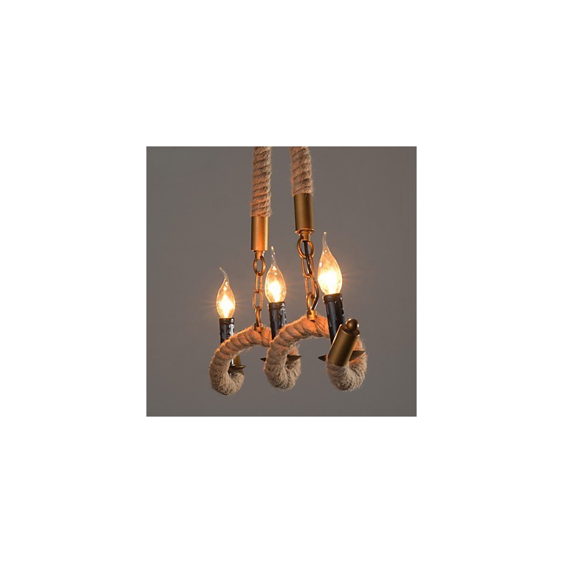 Lampadario a sospensione vintage in ferro battuto con corda di canapa, 1 lampadina E12/E14