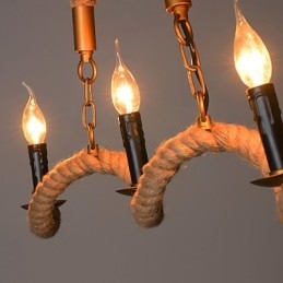 Lampadario a sospensione vintage in ferro battuto con corda di canapa, 1 lampadina E12/E14