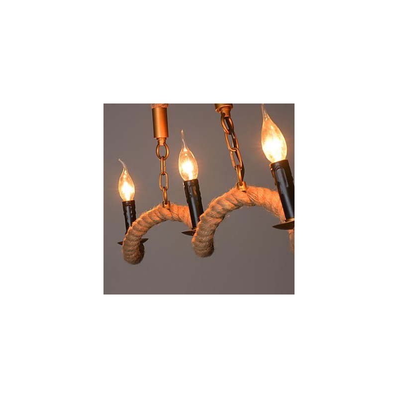 Lampadario a sospensione vintage in ferro battuto con corda di canapa, 1 lampadina E12/E14