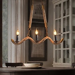 Lampadario a sospensione vintage in ferro battuto con corda di canapa, 1 lampadina E12/E14
