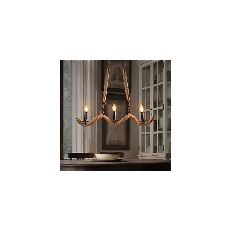 Lampadario a sospensione vintage in ferro battuto con corda di canapa, 1 lampadina E12/E14
