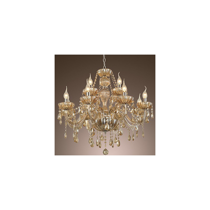 Lampadario in cristallo a 2 livelli per soggiorno, 12 luci, beige