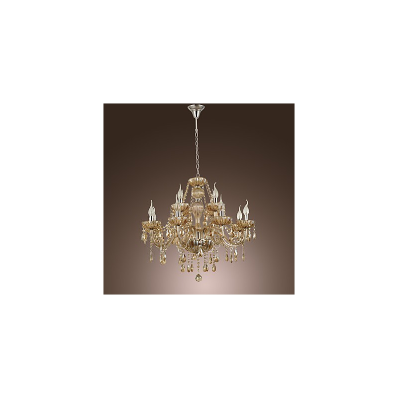 Lampadario in cristallo a 2 livelli per soggiorno, 12 luci, beige