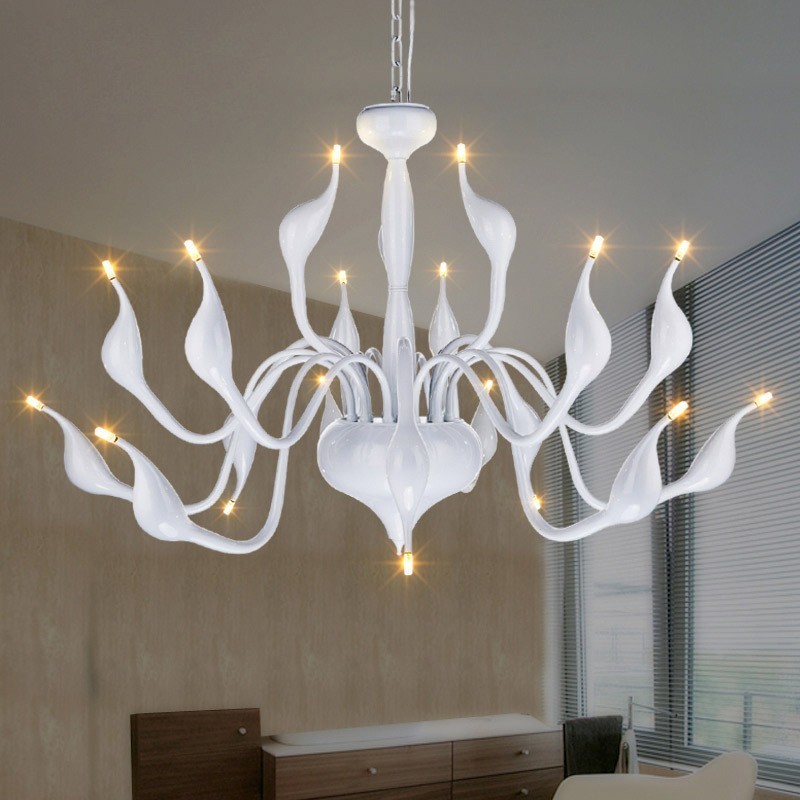 Lampadario a cigno moderno in acciaio inox bianco, 18 luci G4