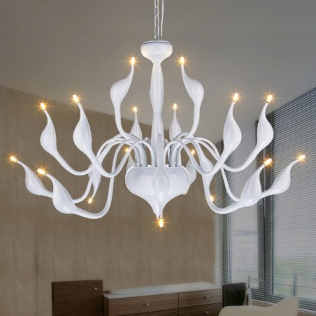 Lampadario a cigno moderno in acciaio inox bianco, 18 luci G4