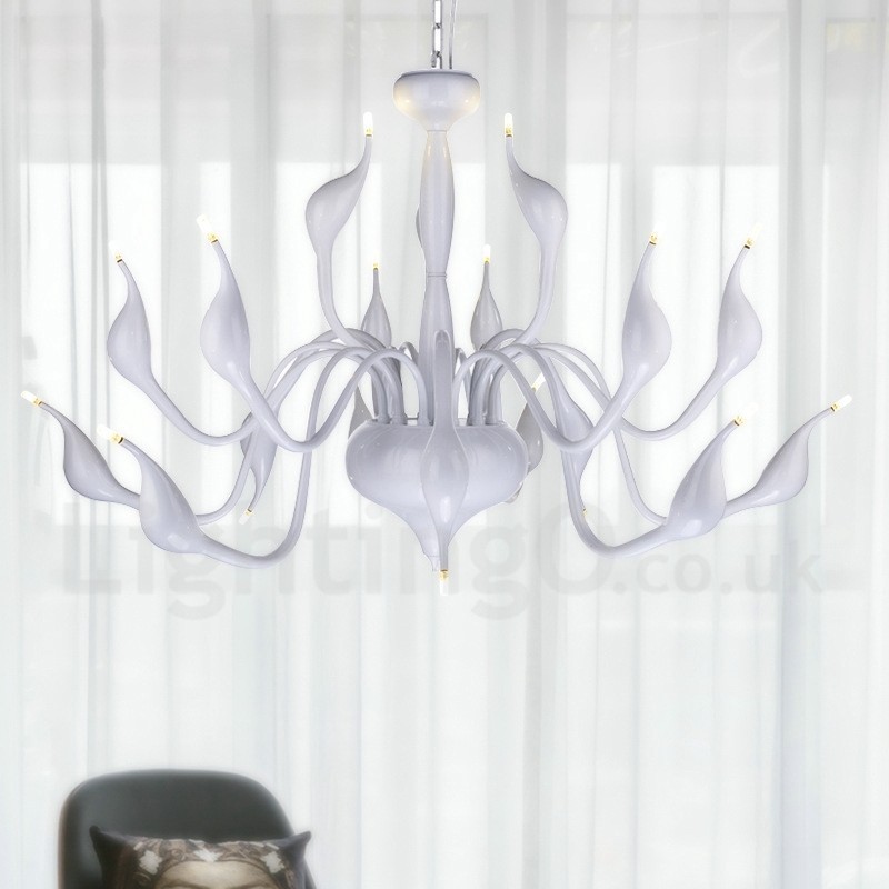 Lampadario a cigno moderno in acciaio inox bianco, 18 luci G4