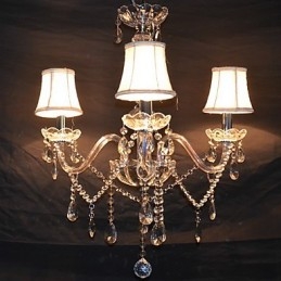 Lampadario moderno a 3 luci con braccio in cristallo e paralume bianco in tessuto