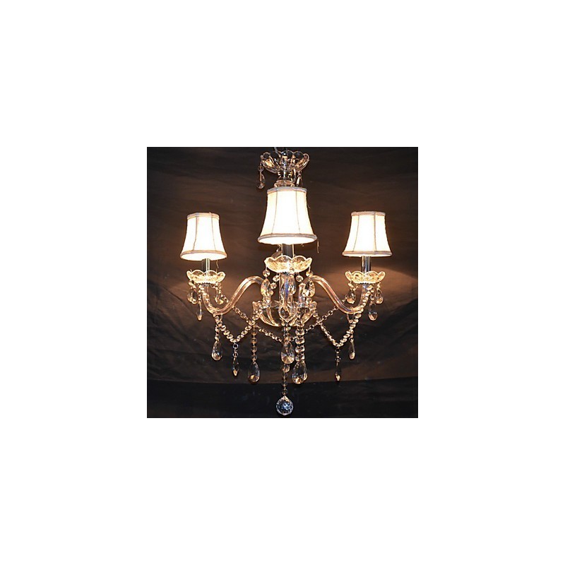 Lampadario moderno a 3 luci con braccio in cristallo e paralume bianco in tessuto