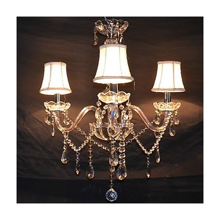 Lampadario moderno a 3 luci con braccio in cristallo e paralume bianco in tessuto