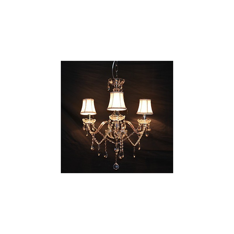 Lampadario moderno a 3 luci con braccio in cristallo e paralume bianco in tessuto