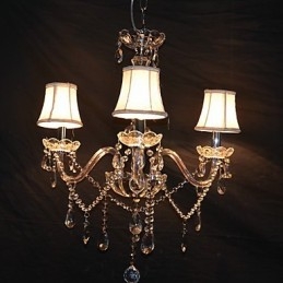 Lampadario moderno a 3 luci con braccio in cristallo e paralume bianco in tessuto