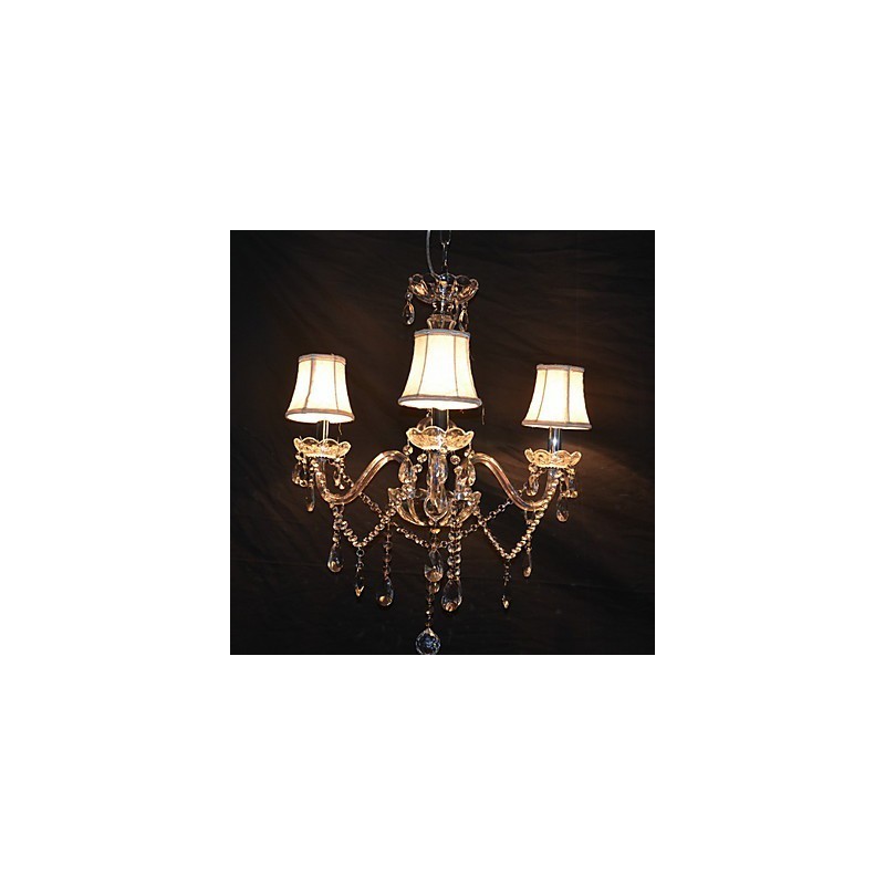 Lampadario moderno a 3 luci con braccio in cristallo e paralume bianco in tessuto