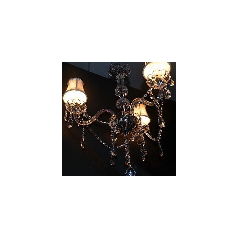 Lampadario moderno a 3 luci con braccio in cristallo e paralume bianco in tessuto
