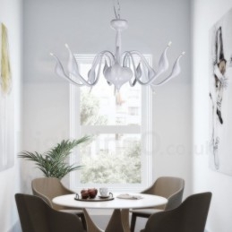 Lampadario a cigno moderno in acciaio inox bianco, 18 luci G4