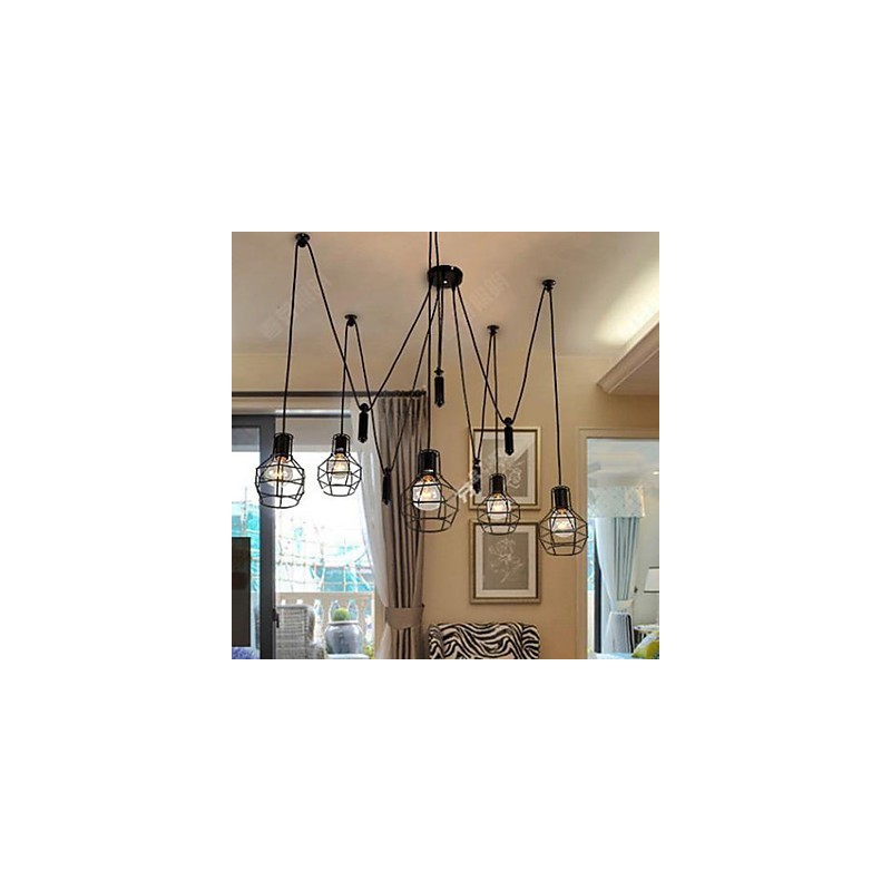 Lampadario rustico per sala da pranzo con catena regolabile, nero e bianco, 1 lampadina E26/E27