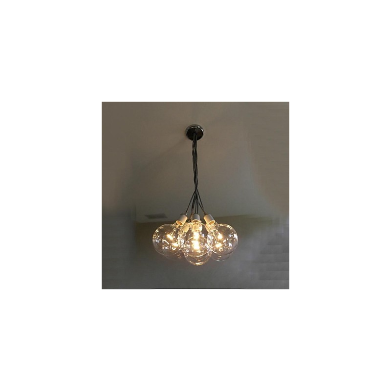 Lampadario rustico in vetro trasparente e metallo cromato con lampadina inclusa