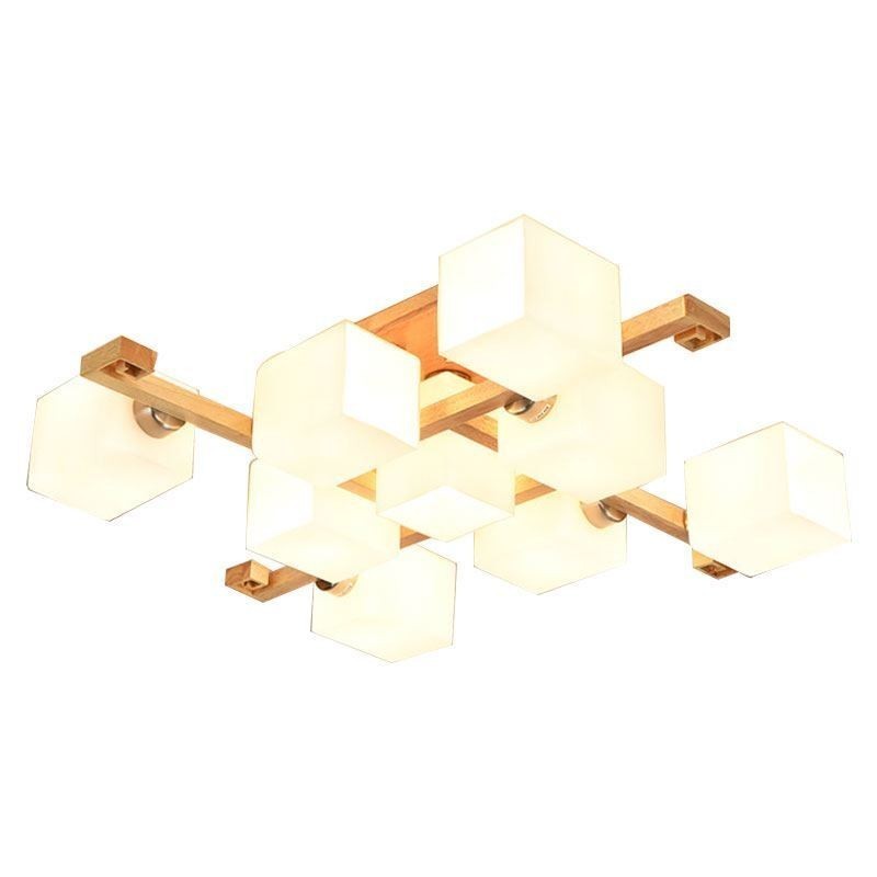 Plafoniera a filo nordica in legno massello e vetro, 4/5/8/9 luci, E26/E27