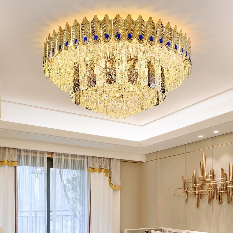 Plafoniera a filo in cristallo oro con coda di fenice, 16 luci, E12/E14, 80×80×40 cm