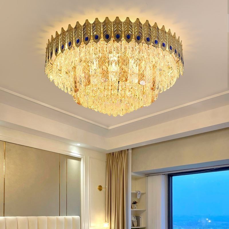 Plafoniera a filo in cristallo oro con coda di fenice, 16 luci, E12/E14, 80×80×40 cm
