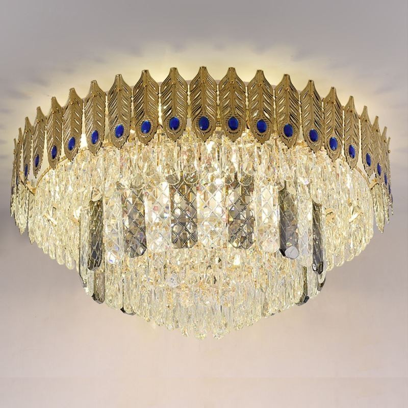 Plafoniera a filo in cristallo oro con coda di fenice, 16 luci, E12/E14, 80×80×40 cm