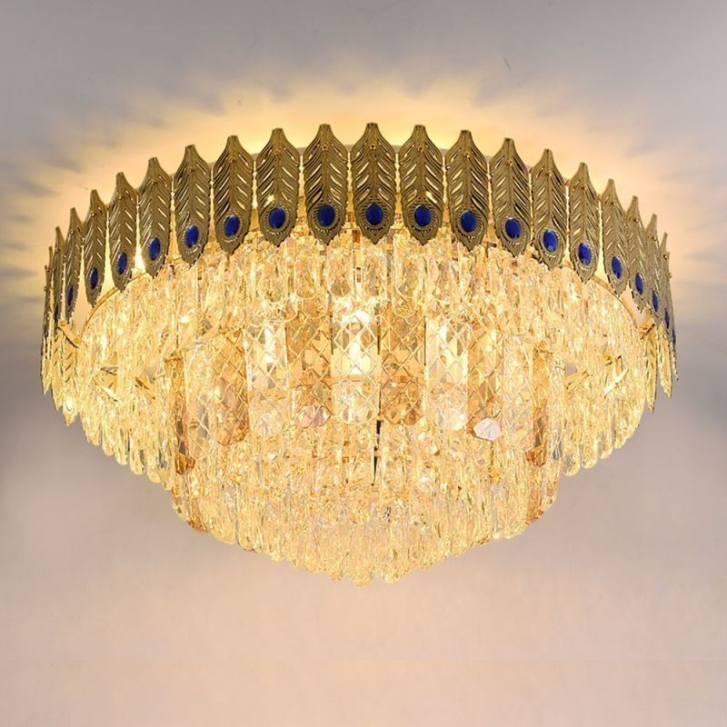 Plafoniera a filo in cristallo oro con coda di fenice, 16 luci, E12/E14, 80×80×40 cm