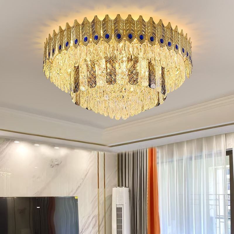 Plafoniera a filo in cristallo oro con coda di fenice, 16 luci, E12/E14, 80×80×40 cm