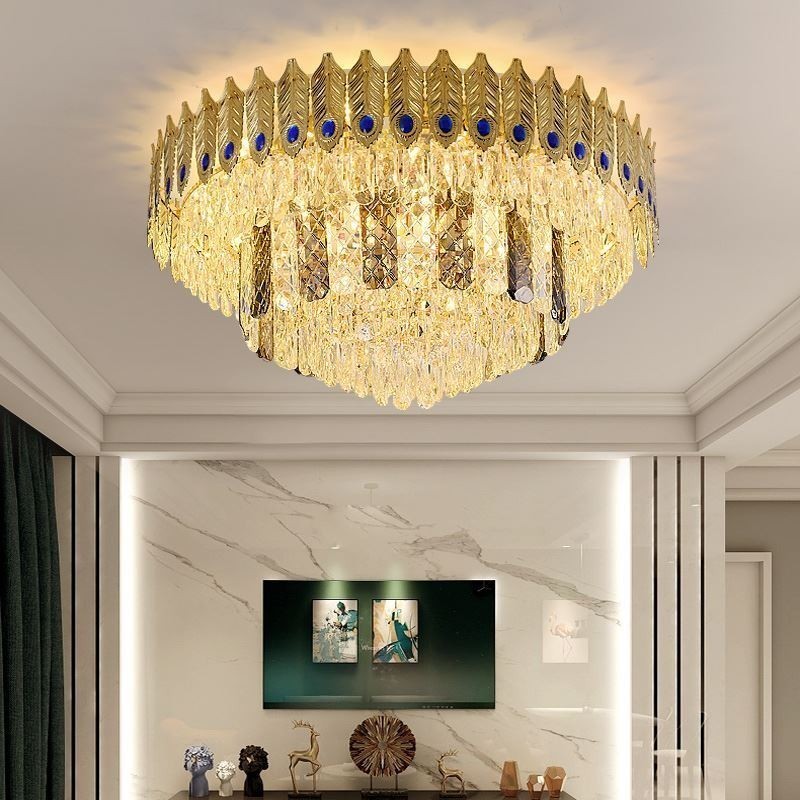 Plafoniera a filo in cristallo oro con coda di fenice, 16 luci, E12/E14, 80×80×40 cm
