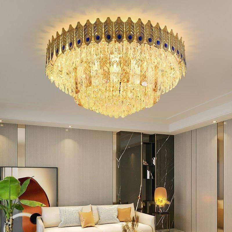 Plafoniera a filo in cristallo oro con coda di fenice, 16 luci, E12/E14, 80×80×40 cm