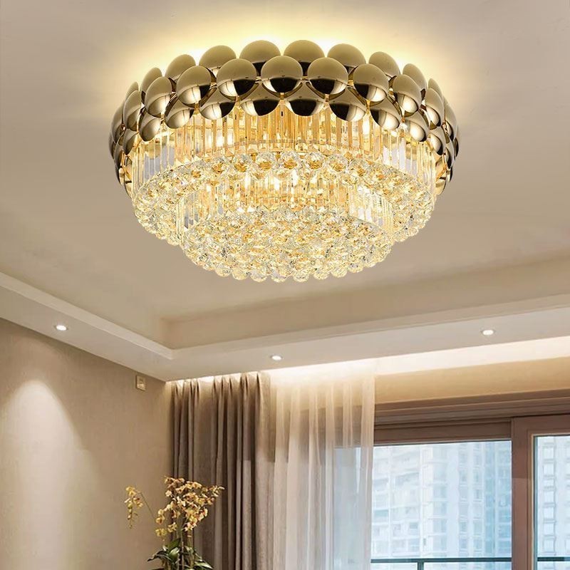 Plafoniera a filo rotonda in cristallo placcata oro 80 cm 16 luci E12/E14
