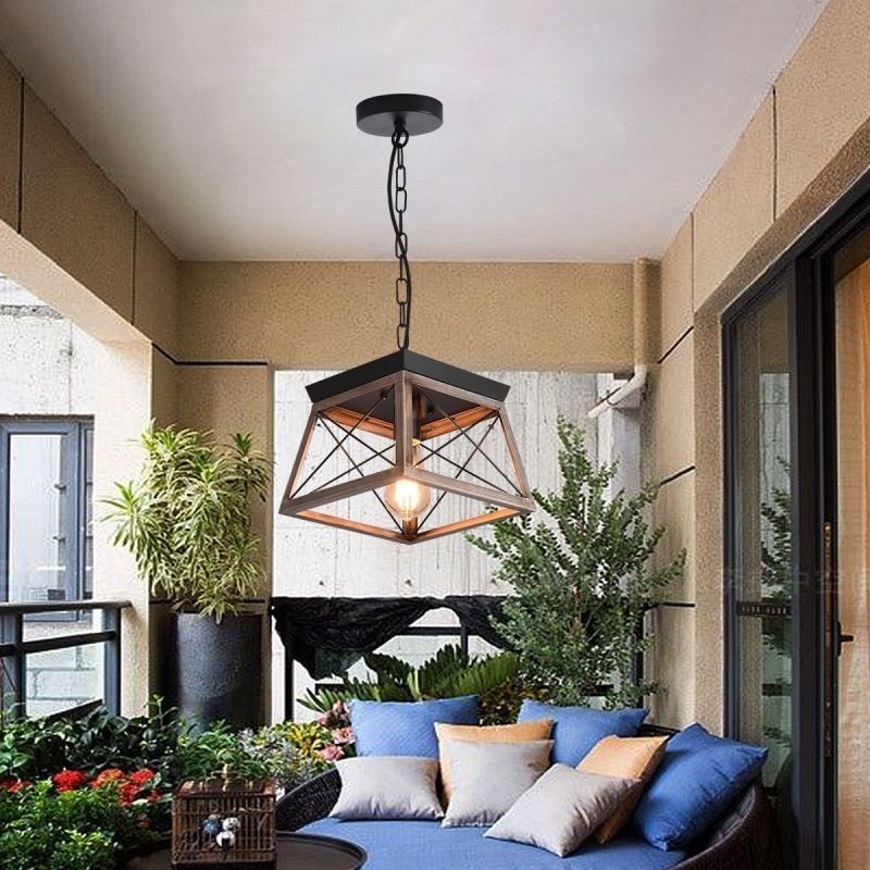 Lampada a sospensione vintage trapezoidale in metallo nero E26/E27 1 luce