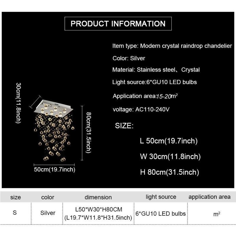 Lampadario moderno in cristallo a filo soffitto GU10 6 luci 50x30x80 cm