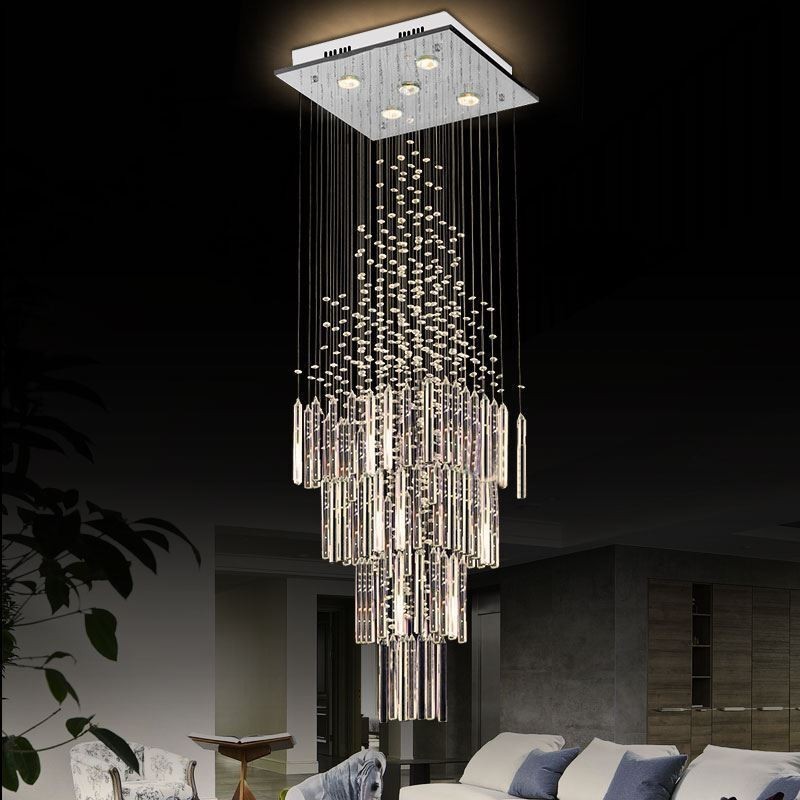 Lampadario a sospensione moderno in cristallo quadrato, 5 luci GU10, 40 x 40 x 130 cm