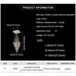 Lampadario a sospensione moderno in cristallo quadrato, 5 luci GU10, 40 x 40 x 130 cm