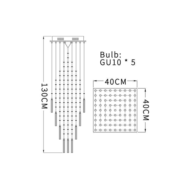 Lampadario a sospensione moderno in cristallo quadrato, 5 luci GU10, 40 x 40 x 130 cm