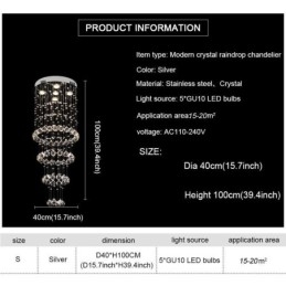 Lampadario a sospensione in cristallo contemporaneo, 5 luci GU10, 40×40×100 cm