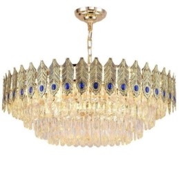 Lampada a sospensione in cristallo con piuma dorata, 15 luci, E12/E14