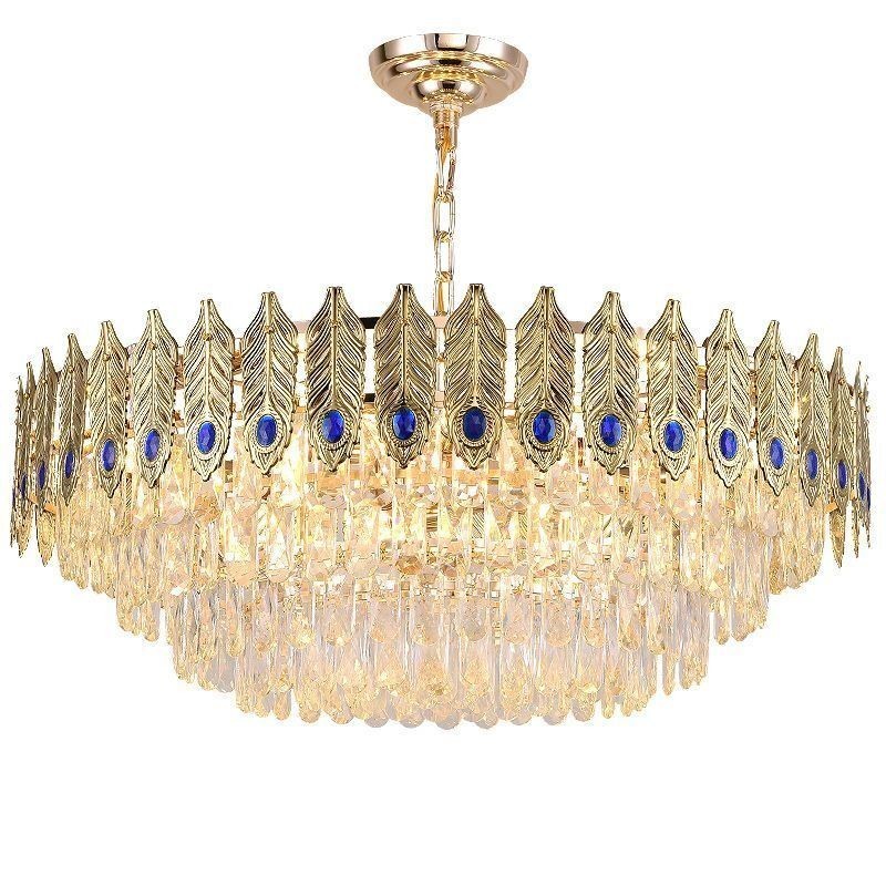 Lampada a sospensione in cristallo con piuma dorata, 15 luci, E12/E14