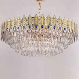 Lampada a sospensione in cristallo con piuma dorata, 15 luci, E12/E14