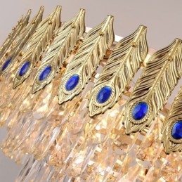 Lampada a sospensione in cristallo con piuma dorata, 15 luci, E12/E14