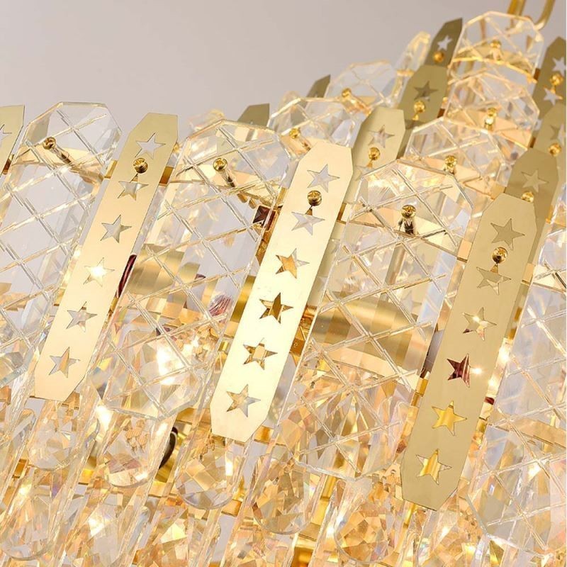 Lampadario a sospensione in cristallo a 4 livelli, dorato, con lamiera di ferro cava