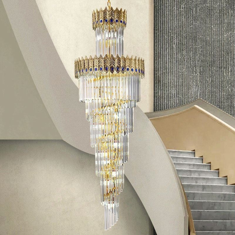 Lampada a sospensione in cristallo dorato con paralume a coda di fenice, 17 luci E12/E14